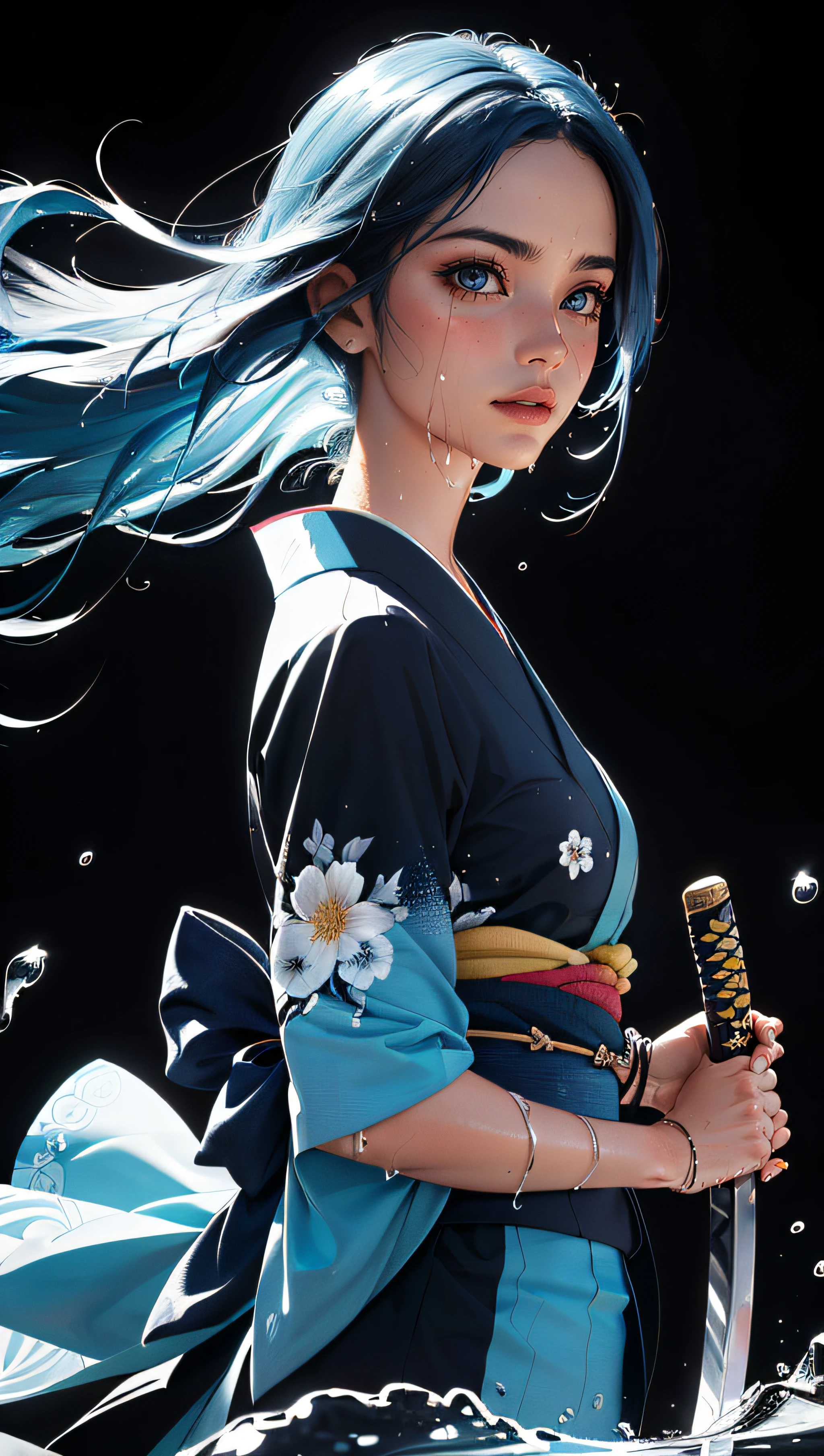 (best quality, masterpiece, beautiful and aesthetic:1.2, colorful, dynamic angle) full body photo epic realistic, (close up), 1girl, floating blue_hair, long hair, (water:0.7), waterdrop, wet, holding_katana, blue_kimono with intricate pattern, ultra detailed, (textured_clothing), black_background,, high contrast colors, 35mm, bokeh, 9:16, (intricate details, hyperdetailed:1.15), detailed, sunlight passing through hair (high contrast, official art, extreme detailed, highest detailed),