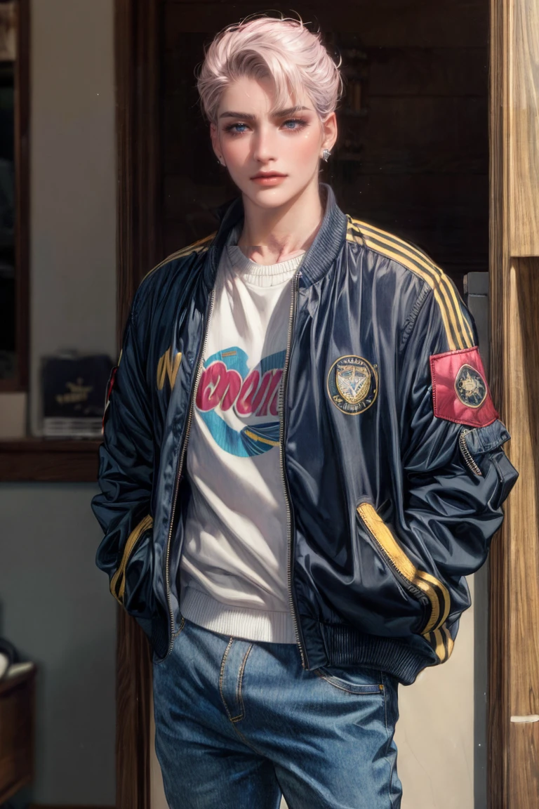(Absurdres, Absurd Amount of Details, Intricate Details, Masterpiece, Best Quality, High Resolution, 8k), (1man), (male:1.2), wrinkled face, (middle-aged:1.2), aged up, finely detailed eyes and face, thin body, traditional appearance, the physical toll of aging, sense of nostalgia, porcelain skin, pink side swept fringe hair, turquoise eyes, 5 o'clock shadow,sumptuous details, bomber jacket, striped sweater, denim jeans, suede loafers, finely detailed background, Depth of Field, VFX,