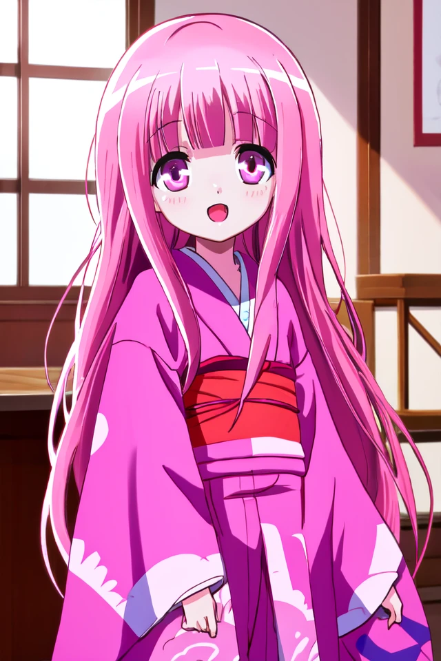masterpiece, best quality, absurdres, ultra-detailed, indoors, <lyco:ro_kyu_bu_v4-000090:0.7>, hakamada hinata, smile, :o, long hair, pink kimono