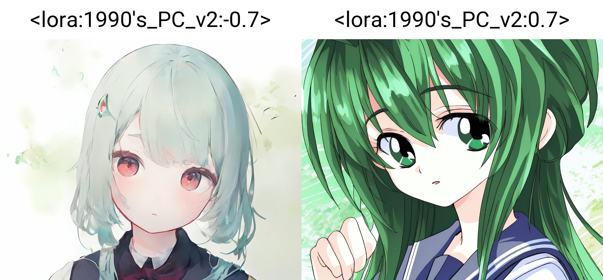 masterpiece, best quality, woman, green_hair, school, serafuku, (detailed_face, detailed_eyes:1),<lora:1990's_PC_v2:-0.7>