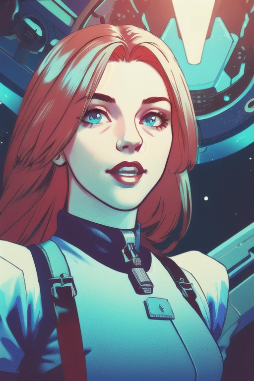 masterpiece, best quality, 8k, artstation, sharp focus, ultra realistic, high details, tight outfit, zero gravity, (long red hair flowing), perfect face, perfect eyes, medium breasts, inside spaceship, volumetric lighting, depth of field, cinematic lighting, medium shot, (good anatomy), face focus, gradient_background