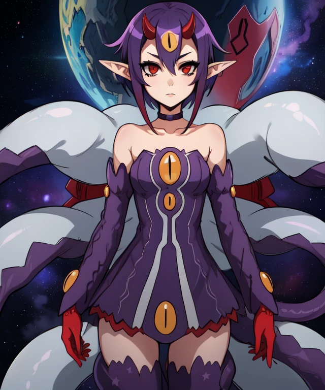Desco, red eyes, pointy ears, short purple hair, purple tail, cowboy shot, expressionless eyes, solo,
DesAtt, bare shoulders, choker, purple thigh boots, purple dress, detached sleeves, jewelry, red gloves,
outerspace, stars, meteor, tentacles,
(insanely detailed, beautiful detailed face, masterpiece, best quality) <lora:Desco-10:0.8>