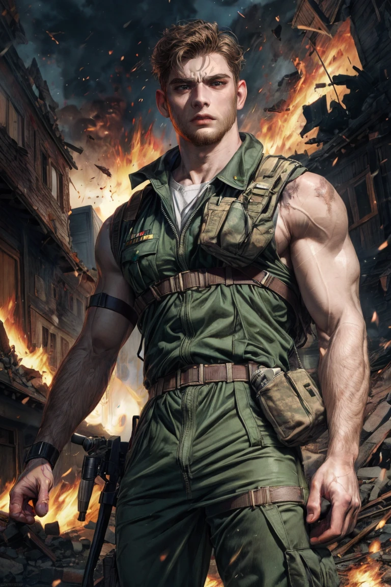 (Absurdres, Absurd Amount of Details, Intricate Details, Masterpiece, Best Quality, High Resolution, 8k), (1man), (male:1.2), old, dashing face, finely detailed eyes and face, toned body, masculine appeal, commanding presence, tall and well-built with broad shoulders, porcelain skin, chestnut tapered sides hair, brown eyes, anchor shaving,fine details, portrait, solo, half shot, looking down, detailed background, detailed face, (fallout theme:1.1), battlefield-medic, exhausted, green military medic uniform, vest, green cross, military insignia, first aid kit, toruniquet, morphine, dirt smudges, dynamic movement, war torn ruined blasted building, rubble in background, under fire, intense action, wind blowing, urgency, cinematic atmosphere,, finely detailed background, Depth of Field, VFX.