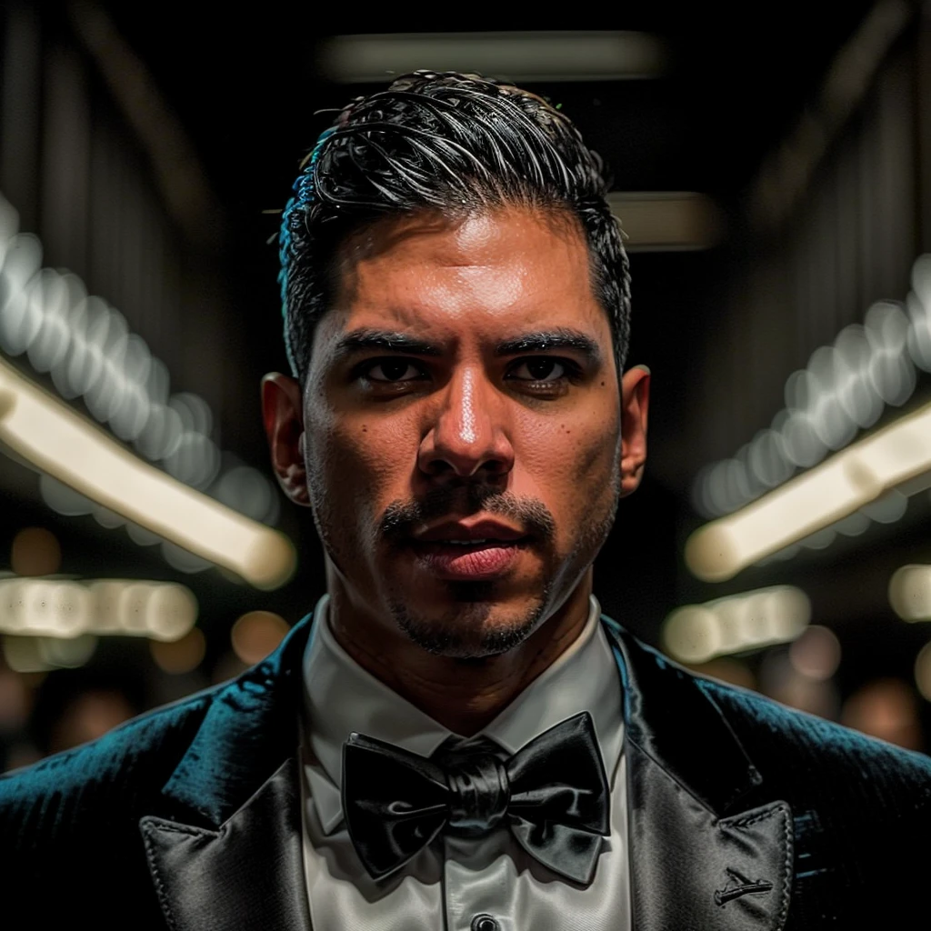 face closeup portrait of fernandovaldez person using a tuxedo, in blade runner, professional photography, high resolution, 4k, detailed photo,  <lora:fernandovaldez_12480:1>