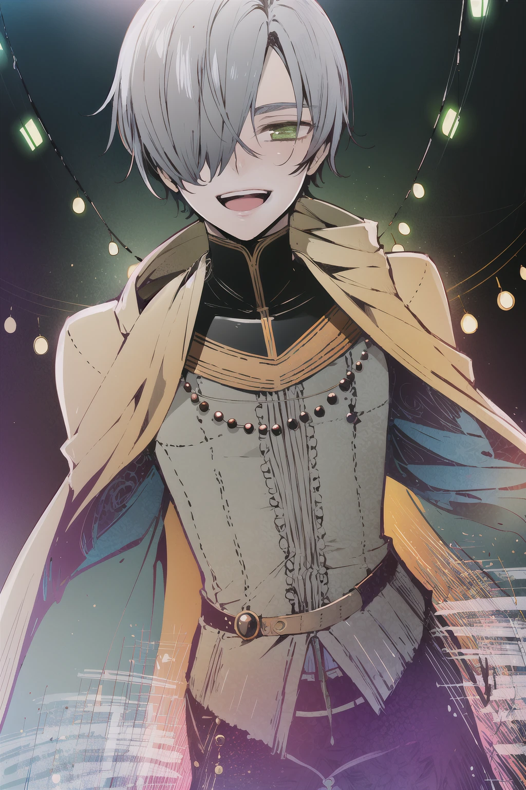 ((masterpiece, high quality, best quality)),
1boy, male focus, green eyes, solo, hair over one eye, grey hair, smile, open mouth,
<lora:ooishi-style_v1.0:1>