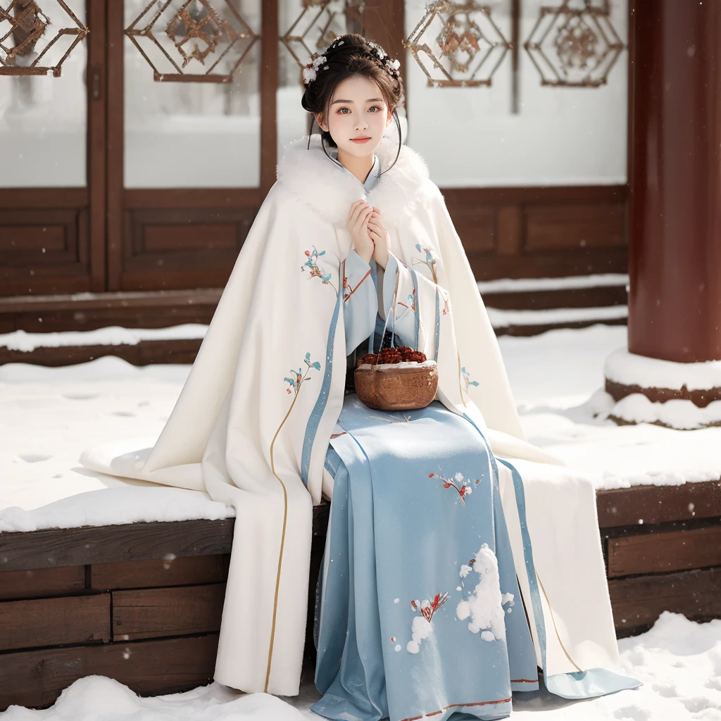 1 girl, sitting, Hanfu, (Winter hanfu), cloak, (snow, winter outdoors:1.2), <lora:Winter_Hanfu:0.65>