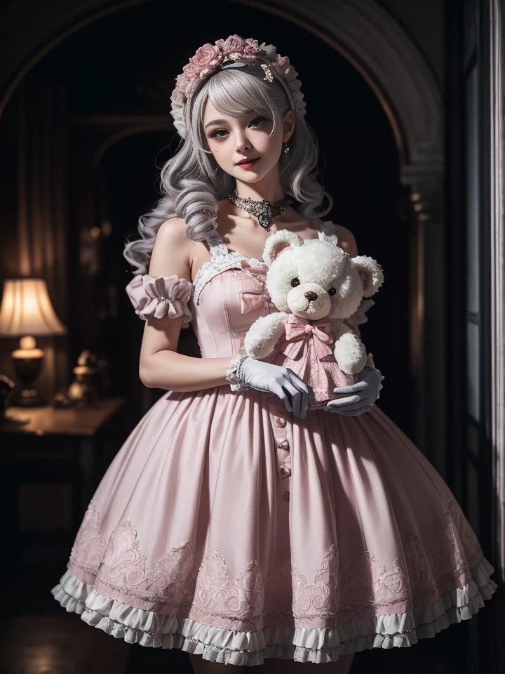 1girl, photo, masterpiece, sweetlolita at bedroomgothic gothic interior, silver curly hair, pink gown fabric, heart shape on cheek, blush pink makeup, gloves, smile, pastel color, ornate, broderry, holding stuffed teddy bear, bokeh, <lora:ARWSweetLolita:1> <lora:ARWBedroomGothic:0.4>