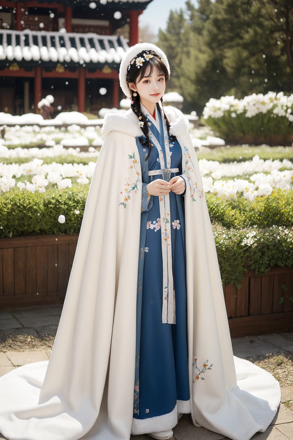 1 girl, cowboy shot, Hanfu, (Winter hanfu), (cloak, headwear:1.2), (snow, white flowers garden:1.2), <lora:Winter_Hanfu:0.65>