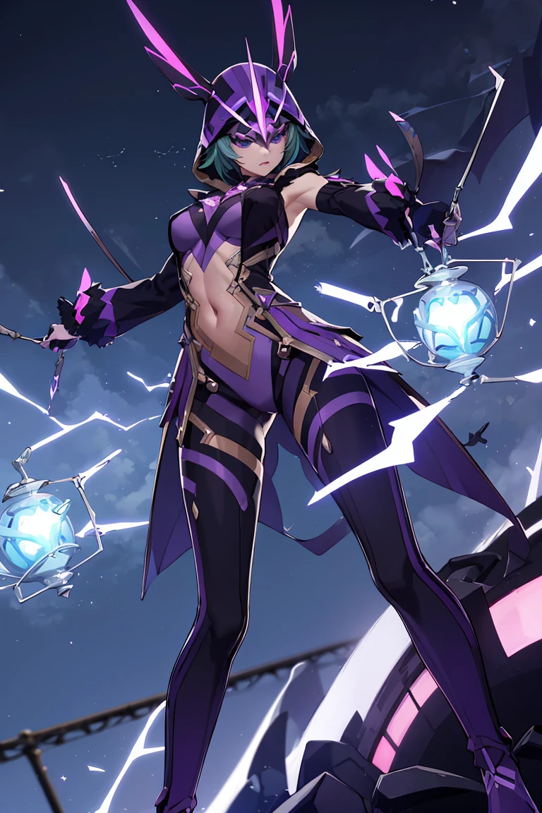 ((masterpiece,best quality)), absurdres,
<lora:Electro_Cicin:0.6>, Electro_Cicin, solo,
purple electricity in background, cinematic composition, dynamic pose,