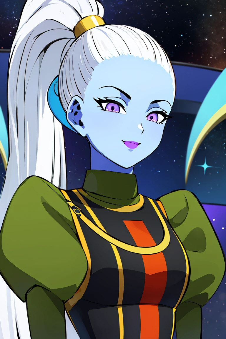 ((masterpiece,best quality)), absurdres,
<lora:Vados_DB:0.8>, Vados_DB, solo, ponytail, blue skin, looking at viewer, smile,
stars and space in background, cinematic composition,