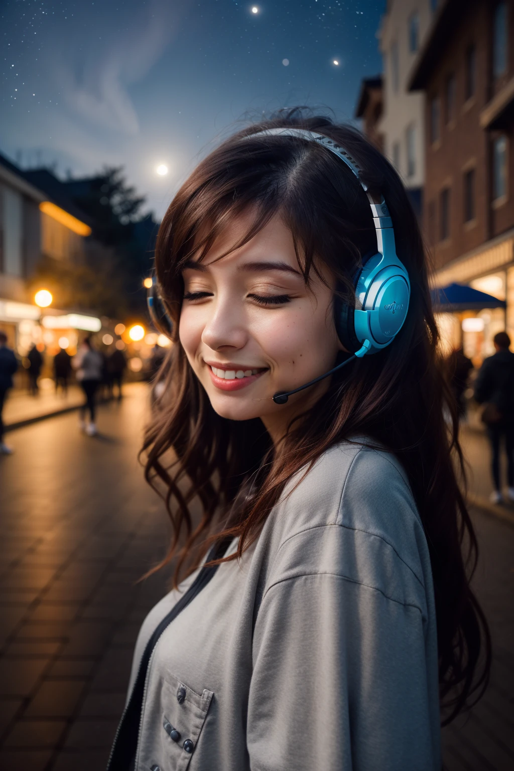 <lora:more_details:0.3>, solo, very detailed, detailed face, pokidiffusion, picture of a beautiful girl with long messy hair wearing colored casual clothes and big glowing headset, eyes closed, outside in a common place, moonlight, starry sky, detailed shadowing and lighting, smiling, intricate view, from the side