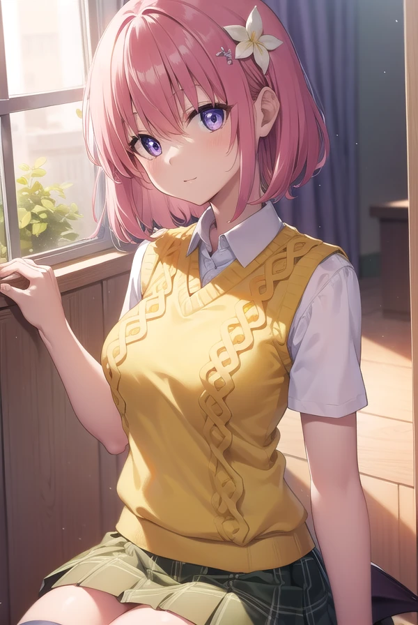 momodevilluke, <lora:momodeviluketest:1>,
momo deviluke, demon tail, hair flower, hair ornament, (purple eyes:1.1), pink hair, short hair, tail,
BREAK demon tail, green skirt, plaid, plaid skirt, sainan high school uniform, school uniform, skirt, sweater vest, thighhighs, (yellow sweater:1.5),
BREAK looking at viewer,
BREAK indoors, classroom,
BREAK <lora:GoodHands-vanilla:1>, (masterpiece:1.2), best quality, high resolution, unity 8k wallpaper, (illustration:0.8), (beautiful detailed eyes:1.6), extremely detailed face, perfect lighting, extremely detailed CG, (perfect hands, perfect anatomy),