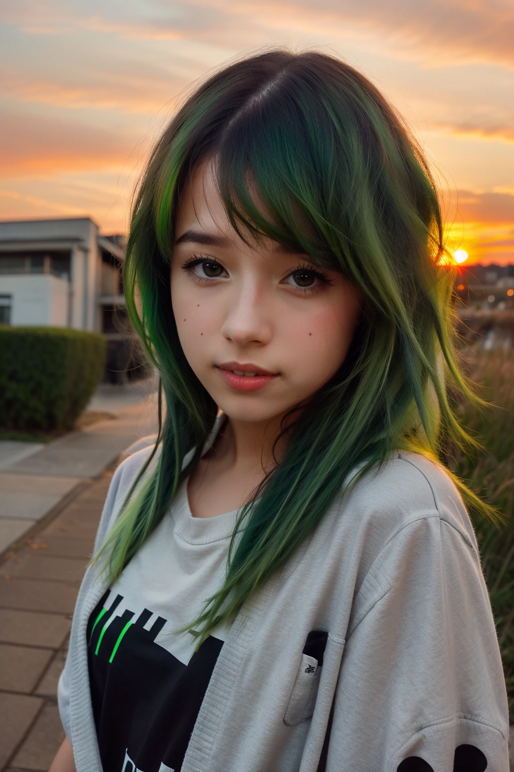 <lora:more_details:0.3>, solo, very detailed, detailed face, pokidiffusion, picture of a beautiful girl with long messy (flashing green hair) wearing casual clothes with pattern, happy, outside in a common place, sunset, orange sky, detailed shadowing and lighting