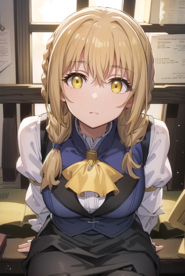 guildgirl, <lora:guildgirltest:1>,
guild girl, long hair, blonde hair, (yellow eyes:1.5), braid, single braid,
BREAK skirt, shirt, long sleeves, white shirt, pantyhose, black skirt, vest, long skirt, yellow ribbon, ascot, yellow ascot,
BREAK looking at viewer,
BREAK outdoors, city,
BREAK <lora:GoodHands-vanilla:1>, (masterpiece:1.2), best quality, high resolution, unity 8k wallpaper, (illustration:0.8), (beautiful detailed eyes:1.6), extremely detailed face, perfect lighting, extremely detailed CG, (perfect hands, perfect anatomy),