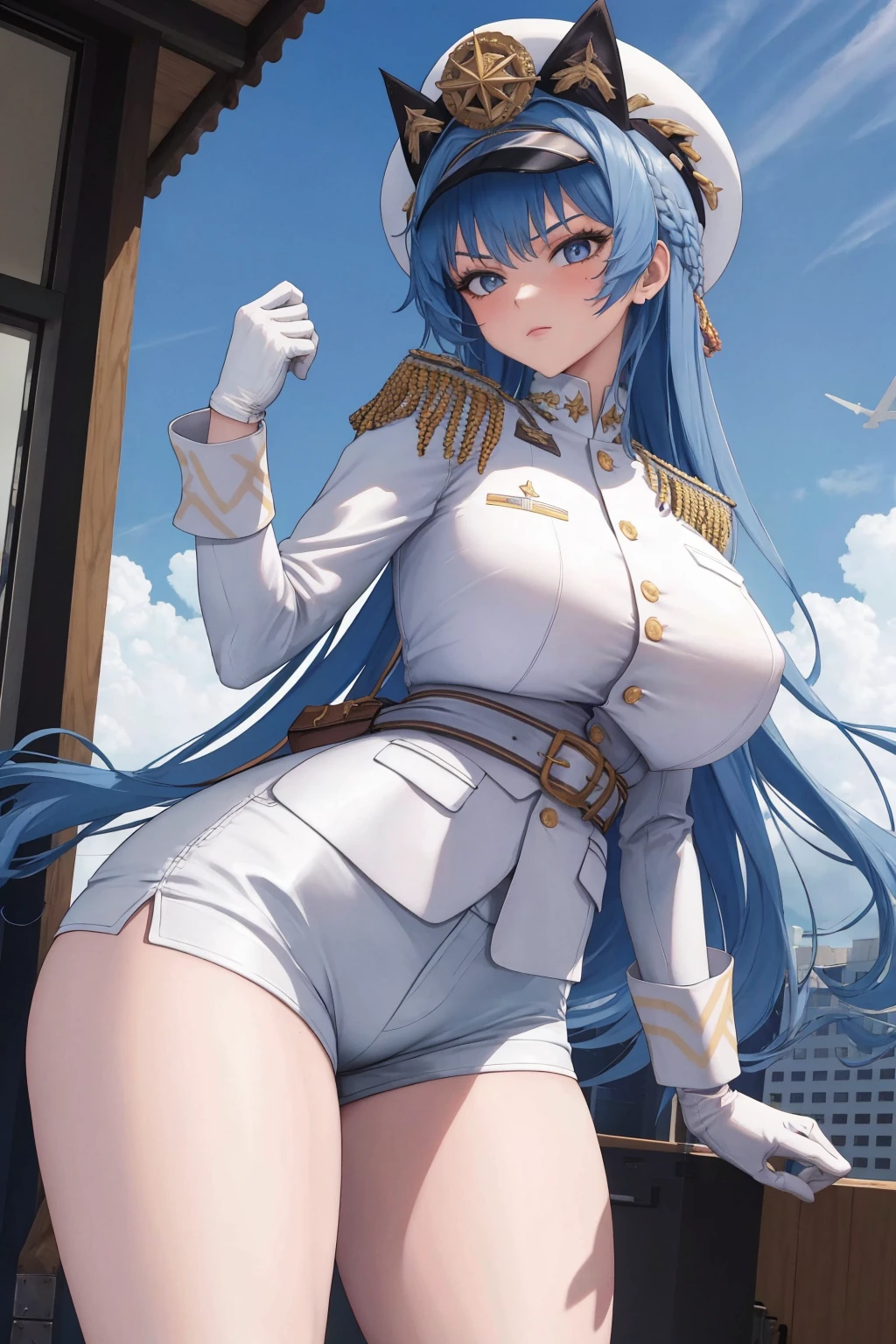 masterpiece, best quality, 1girl, solo, <lora:helm-nikke-richy-v1:1> helmdef, hat, military, large breasts, white shorts, bare legs, long legs, thighs, wide hips, gloves, long sleeves