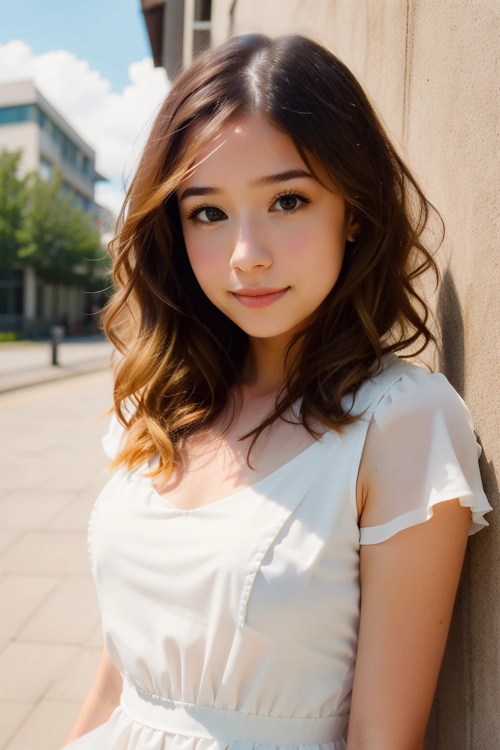 solo, very detailed, detailed face, pokidiffusion, picture of a beautiful girl with blond hair wearing white dress, soft smile, outside in a common place