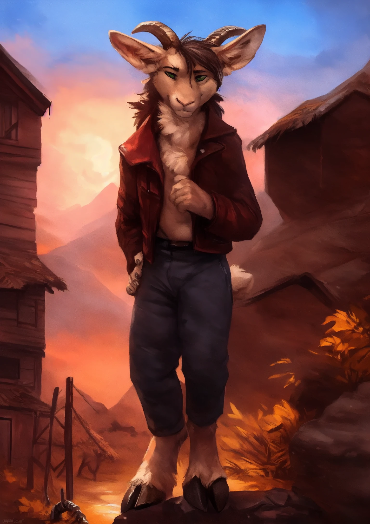 male, solo, anthro, mammal, goat, caprine, (caprine horn), 2 horns, horizontal pupils, cloven hooves,
fully clothed, bottomwear, topwear, pants, jacket, (adventurer), hand on hip,
fur, fluffy, tuft, chest tuft, long hair, neck tuft, inner ear fluff, digitigrade,
standing, front view, looking at viewer,
(detailed background), outside, rock, sunbeam, snowy peaks, sunrise, (village:1.3),
by kenket, by darkgem, by miosha,
fully clothed, bottomwear, topwear, pants, jacket, (adventurer), hand on hip,
fur, fluffy, tuft, chest tuft, long hair, neck tuft, inner ear fluff, digitigrade,
standing, front view, looking at viewer,
(detailed background), outside, rock, sunbeam, snowy peaks, sunrise, (village:1.3),
by kenket, by darkgem, by miosha,