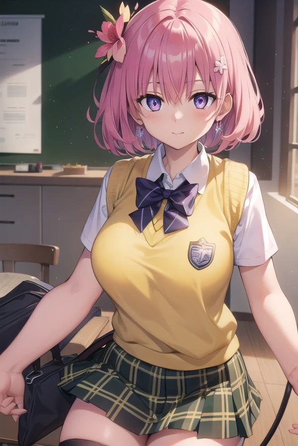 momodevilluke, <lora:momodeviluketest:1>,
momo deviluke, demon tail, hair flower, hair ornament, (purple eyes:1.1), pink hair, short hair, tail,
BREAK demon tail, green skirt, plaid, plaid skirt, sainan high school uniform, school uniform, skirt, sweater vest, thighhighs, (yellow sweater:1.3),
BREAK looking at viewer,
BREAK indoors, classroom,
BREAK <lora:GoodHands-vanilla:1>, (masterpiece:1.2), best quality, high resolution, unity 8k wallpaper, (illustration:0.8), (beautiful detailed eyes:1.6), extremely detailed face, perfect lighting, extremely detailed CG, (perfect hands, perfect anatomy),