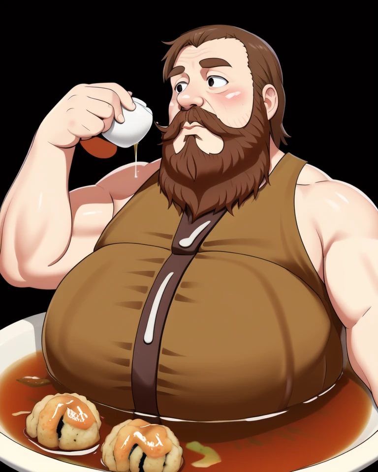 <lora:akashiyaki&tamagodon_v1:0.5>, akashiyaki, soup, (mature beard fat man:1.2), solo, drinking, upper body