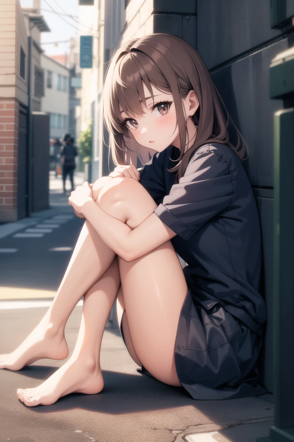 <lora:hugging_own_legs_v0.3:1>
1girl, hugging own legs, on floor, street, alley, from side, looking at viewer,, masterpiece, best quality, highly detailed