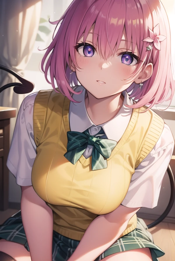momodevilluke, <lora:momodeviluketest:1>,
momo deviluke, demon tail, hair flower, hair ornament, (purple eyes:1.1), pink hair, short hair, tail,
BREAK demon tail, green skirt, plaid, plaid skirt, sainan high school uniform, school uniform, skirt, sweater vest, thighhighs, (yellow sweater:1.3),
BREAK looking at viewer,
BREAK indoors, classroom,
BREAK <lora:GoodHands-vanilla:1>, (masterpiece:1.2), best quality, high resolution, unity 8k wallpaper, (illustration:0.8), (beautiful detailed eyes:1.6), extremely detailed face, perfect lighting, extremely detailed CG, (perfect hands, perfect anatomy),