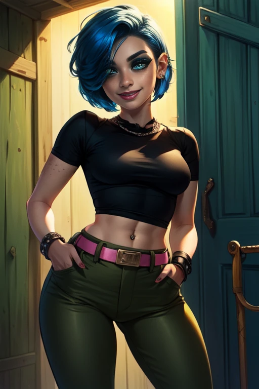 MarieK,short blue hair,ear piercing,hair over one eye,freckles,black eyes,makeup,standing,hand in pockets,smiling,
MarieAtt,green pants,black shirt,black wristbands,midriff,belt,
picket fence,morning,cartoon,
(insanely detailed, beautiful detailed face, masterpiece, detailed eyes, best quality)     <lora:Mariekanker:0.8>,