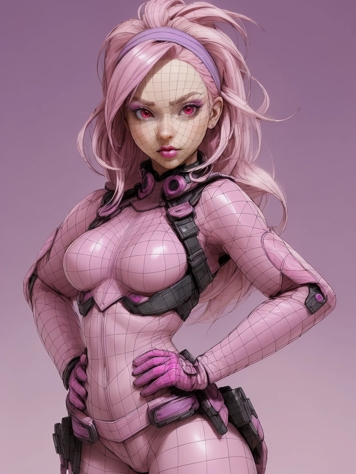 1girl, solo, hands on hips, gloves, red eyes, breasts, pink hair, headband, makeup, purple background, pink gloves, long hair, medium breasts, looking at viewer, upper body, lipstick,
<lora:topo_v3Fix_wireframe:0.8>,wireframe,