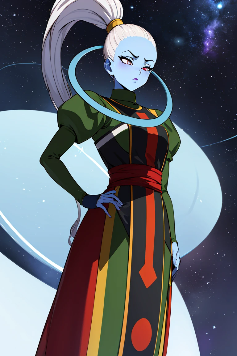 ((masterpiece,best quality)), absurdres,
 <lora:Vados_DB:0.8>, Vados_DB, solo, ponytail, blue skin, 
stars and space in background, cinematic composition,
