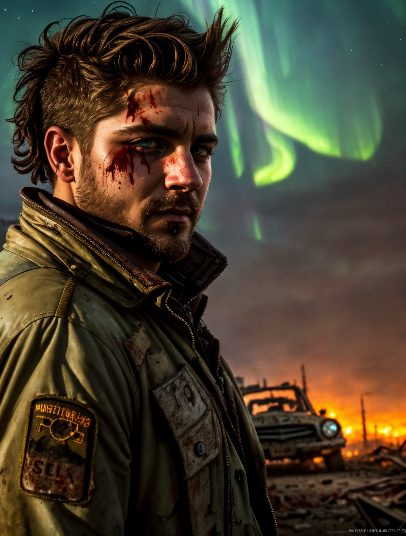 (post apocalyptic man) ,wearing post apocalyptic clothes ,(destroyed city after nuclear blast),warzone, (post apocalyptic), looking down a hill, spicked necklance, holding a gun, sitting on a dieselpunk car, covered in blood, horror, newdawn, aurora borealis
BREAK
(masterpiece, best quality, ultra realistic, 4k, 2k, (intricate, high detail:1.2), film photography, soft focus,
RAW photo, photorealistic, analog style, subsurface scattering, photorealism, absurd res), ((closeup))