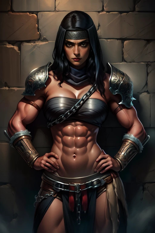 Nepheli,black hair, black cowl, metal headband, muscular, thighs, brown eyes, standing, hands on hips, dark make-up,  close up, 
NepAttire,shoulder armor,strapless,midriff,bracer,chain,  red pelvic curtain,  metal headband, 
dark dungeon, torchlight, (insanely detailed, beautiful detailed face, masterpiece, detailed eyes, best quality) 
   <lora:NepheliLoux-10v2:0.8> realistic,