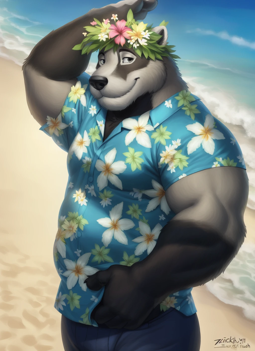 <lora:nikV2-09:0.9>, nikolai krol, solo, bara, plump, belly, fat, black fur, (pose:1.3), (posing:1.3), (soft shading), 4k, hi res, ((detailed face, (detailed eyes:1.0), detailed)), (full body), by zackarry911, by zaush, (by personalami:0.5), solo, smile, beach, shirt, 1boy, upper body, flower, male focus, floral print, happy, blue shirt, head wreath, flower wreath, hawaiian shirt