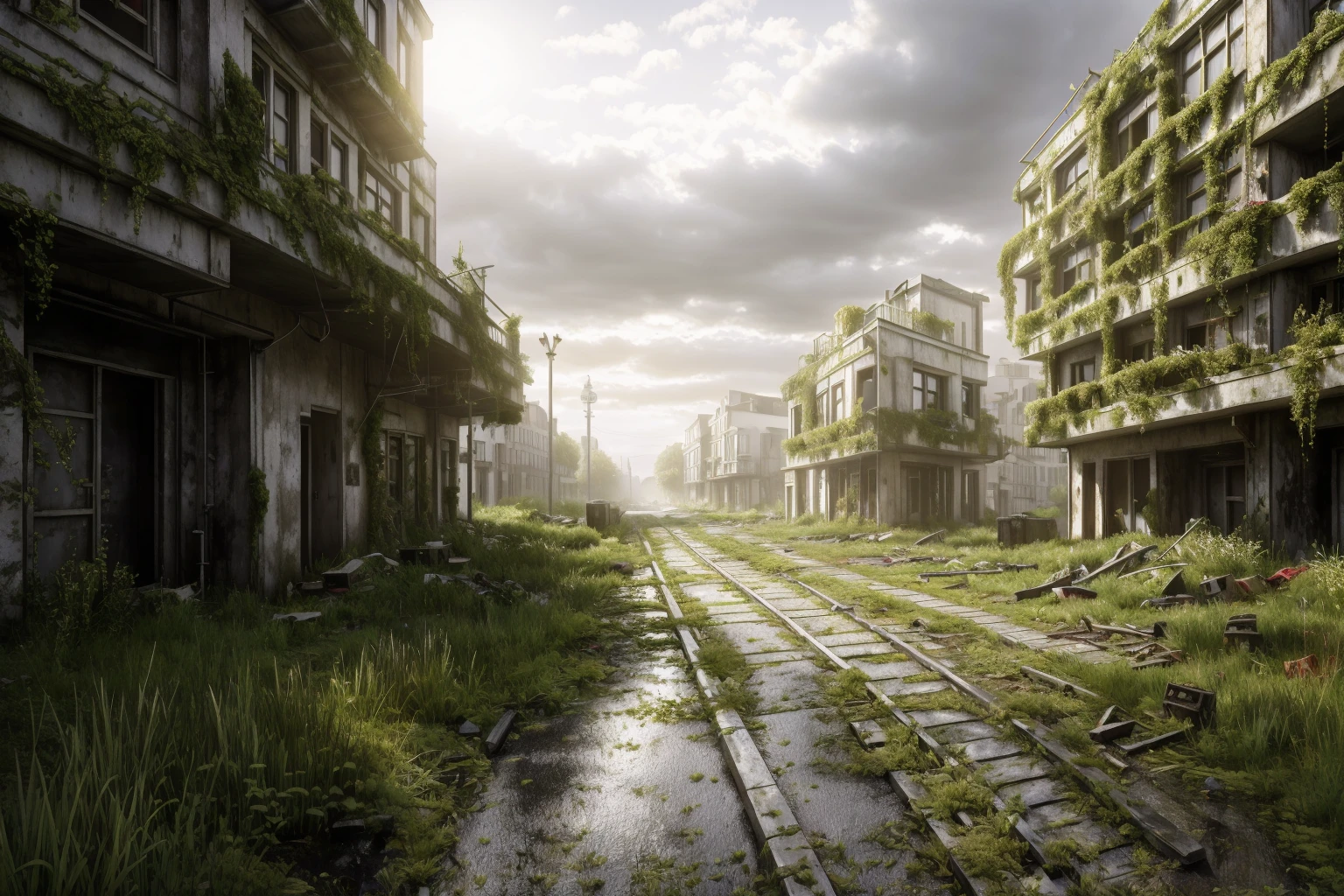 berlin city, city corner, green overgrown, winter weather, post apocalypse feeling, at noon, morning, realistic, vray, HDR, 6000K <lora:PostApocalyptic3:0.6> SZ_4po