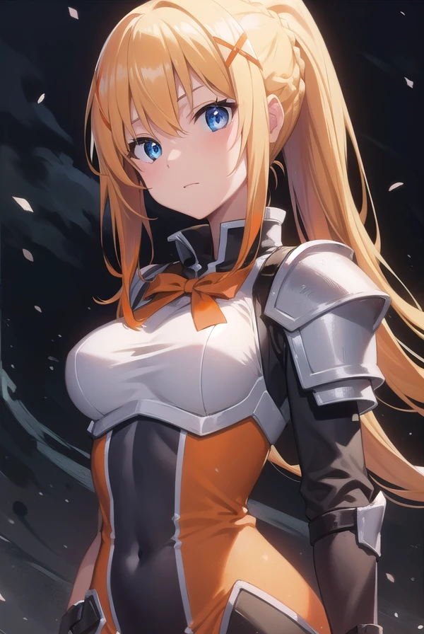 konosubadarkness, <lora:darknesstest:1>,
darkness, blue eyes, braid, french braid, hair between eyes, hair ornament, long hair, yellow hair, ponytail, sidelocks, x hair ornament,
BREAK armor, armored dress, black bodysuit, black gloves, bodysuit, bow, bowtie, covered navel, faulds, gloves, pauldrons, red bow, red bowtie, shoulder armor, sidelocks, (white armor:1.5), breastplate, (orange dress:1.5),
BREAK looking at viewer,
BREAK outdoors, forest, grass, sun, clouds,
BREAK <lora:GoodHands-vanilla:1>, (masterpiece:1.2), best quality, high resolution, unity 8k wallpaper, (illustration:0.8), (beautiful detailed eyes:1.6), extremely detailed face, perfect lighting, extremely detailed CG, (perfect hands, perfect anatomy),