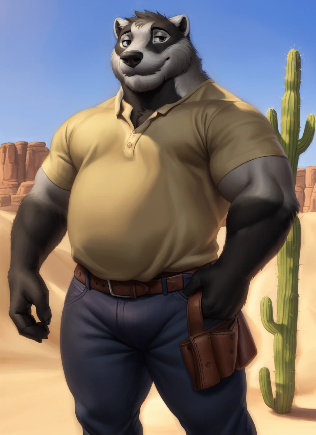 <lora:nikV2-09:0.9>, nikolai krol, solo, bara, plump, fat, black fur, (pose:1.3), (posing:1.3), (soft shading), 4k, hi res, ((detailed face, (detailed eyes:1.0), detailed)), (full body), by zackarry911, by zaush, (by personalami:0.5), looking at viewer, shirt, 1boy, male focus, cowboy shot, belt, pants, denim, jeans, smile, desert, cactus