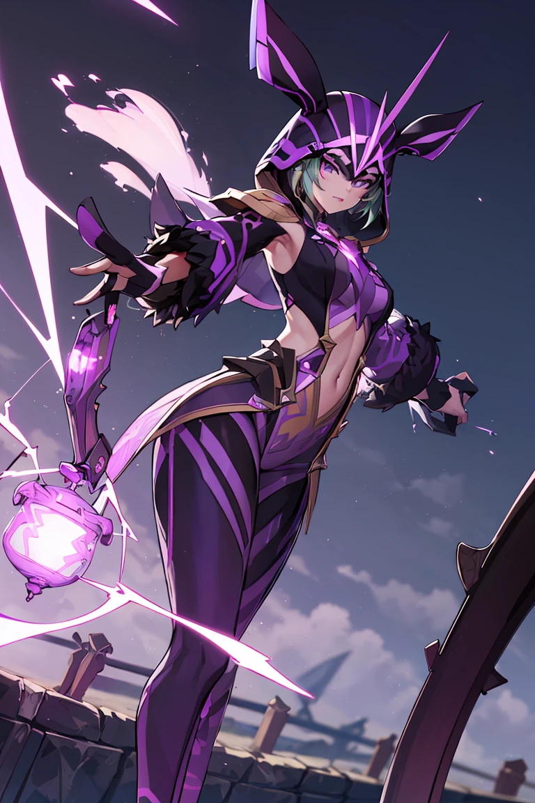((masterpiece,best quality)), absurdres,
<lora:Electro_Cicin:0.6>, Electro_Cicin, solo,
purple electricity in background, cinematic composition, dynamic pose,