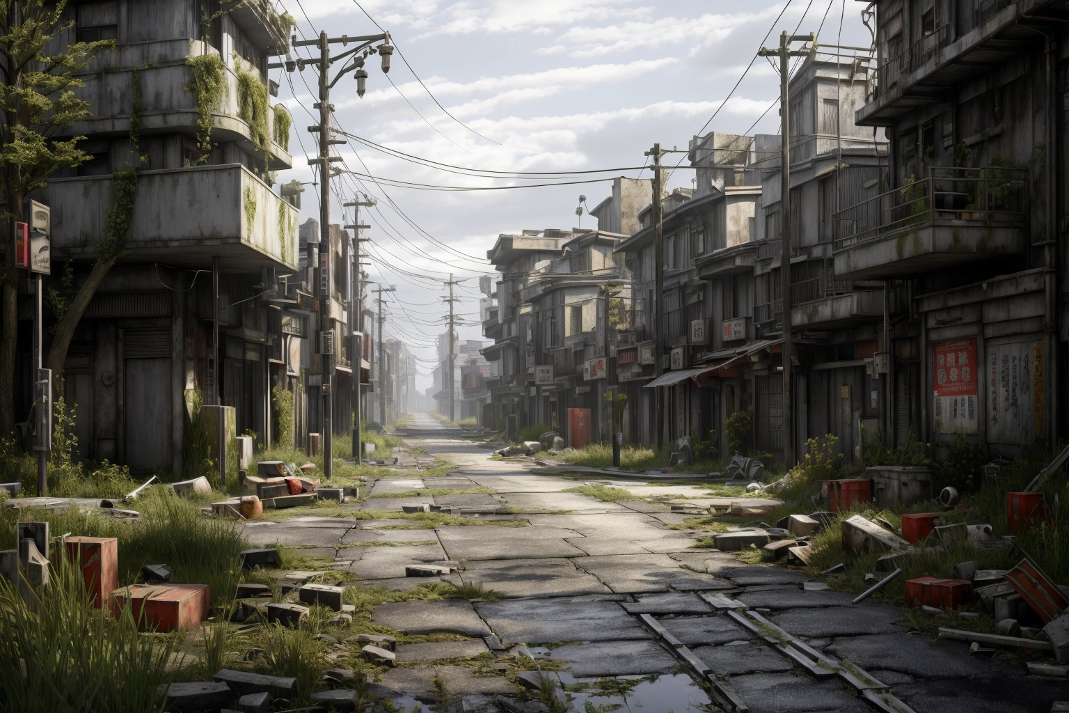 8k, realistic, vray, HDR, 6000K, tokyo city, in the street, overgrown, post apocalypse feeling, nighlight, <lora:PostApocalyptic3:0.6> SZ_4po