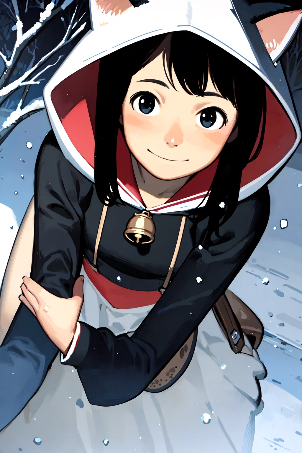 ((masterpiece, high quality, best quality)),
cat, 1girl, cat hood, hood, animal ears, snow, cat ears, black hair, male focus, snowing, smile, 1girl, animal hood, bell, animal,
<lora:takamichi-style_v1.0:1.0>