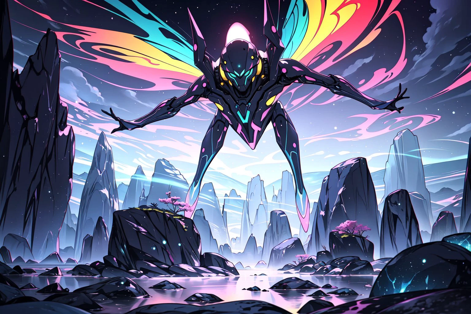((masterpiece)), ((best quality)), dynamic angle, cinematic, colorful, alien landscape, surreal terrain, extraterrestrial plants, otherworldly rocks, vibrant colors, ethereal glow, cosmic atmosphere, intergalactic garden, luminescent river, mysterious stones, alien hill, multi-coloured, rainbow-hued fog, mind-bending depth of field, mesmerizing chromatic aberration, transcendent pastel palette, breathtaking masterpiece, unparalleled quality.