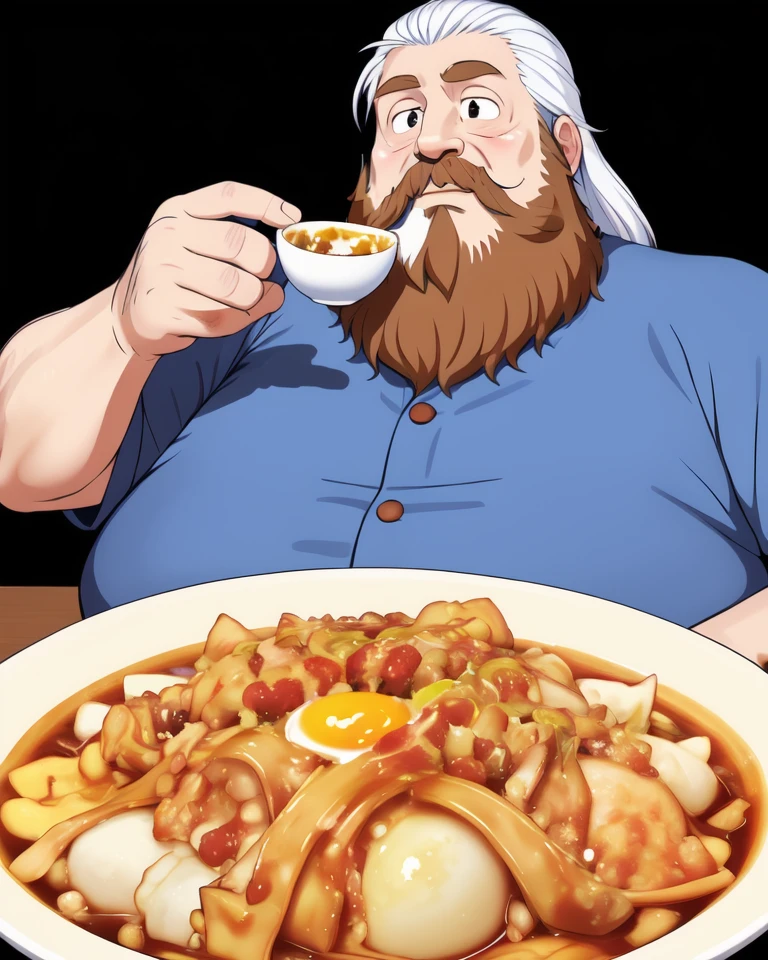 <lora:akashiyaki&tamagodon_v1:0.5>, tamagodon, cup, (mature beard fat man:1.2), solo, eating, upper body, egg bowl