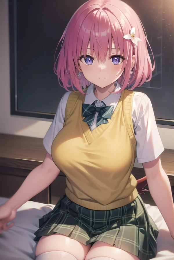 momodevilluke, <lora:momodeviluketest:1>,
momo deviluke, demon tail, hair flower, hair ornament, (purple eyes:1.1), pink hair, short hair, tail,
BREAK demon tail, green skirt, plaid, plaid skirt, sainan high school uniform, school uniform, skirt, sweater vest, thighhighs, (yellow sweater:1.3),
BREAK looking at viewer,
BREAK indoors, classroom,
BREAK <lora:GoodHands-vanilla:1>, (masterpiece:1.2), best quality, high resolution, unity 8k wallpaper, (illustration:0.8), (beautiful detailed eyes:1.6), extremely detailed face, perfect lighting, extremely detailed CG, (perfect hands, perfect anatomy),