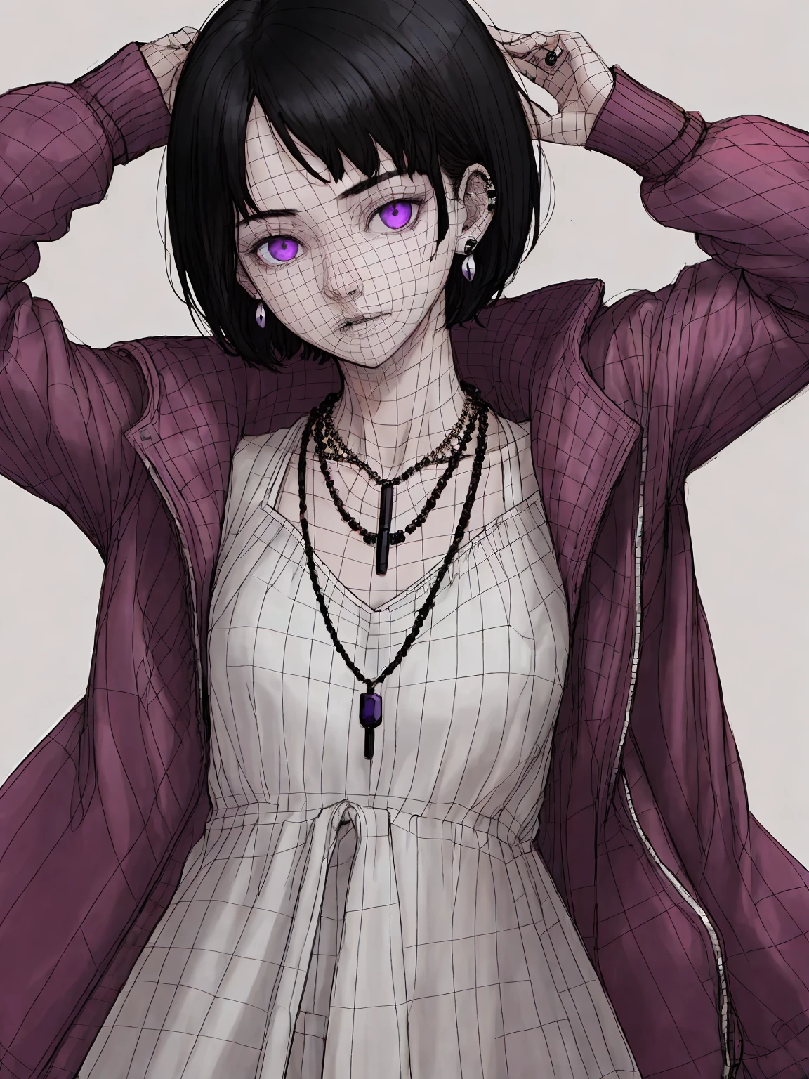 1girl, solo, jewelry, black hair, short hair, looking at viewer, necklace, earrings, purple eyes, upper body, simple background, piercing, jacket, red jacket, white background, monochrome, wireframe, <lora:topo_v3Fix_wireframe:0.8> ,