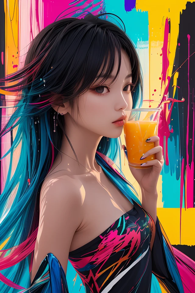 Abstract, 8K, photo shot from front, mid-body portrait, highly-detailed, (flat color:1.1),(colorful:1.3),(masterpiece:1.2), best quality, masterpiece, original, extremely detailed wallpaper, looking at viewer,
a luxray girl drinking delicious tropical fruits juice with drops of moisture on table, a lot of details,floating colorful water,, mysterious expression, in a modern and abstract setting, with bold and colorful abstract art, blurred background, bright lighting,