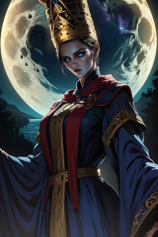 Rennala,short black hair,blue eyes,   standing, upperbody, sad expression,   cowboy shot, 
ReDres,jewelry,blue robe,long crown,long sleeves,
wide sleeves,
tall woman, 
lake,moon close-up,nighttime,stars,
dark dungeon,(insanely detailed, beautiful detailed face, masterpiece, detailed eyes, best quality),realistic, <lora:Rennala-10:0.8>