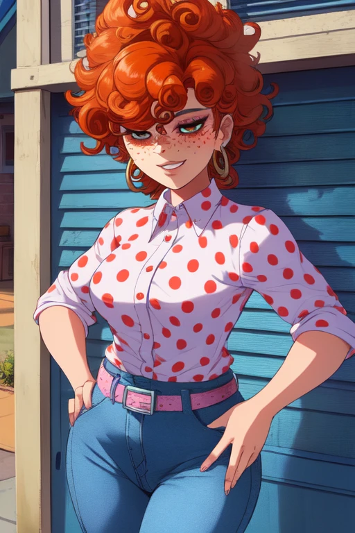 LeeK, curly orange hair, freckles, hair over both eyes:1.2,  standing, cowboy shot, hands on hips, smug expression,  solo,  covered eyes, 
LeeATT, denim pants, white shoes, earrings, polka dot shirt, belt , white shirt, 
picket fence,morning  
(insanely detailed, beautiful detailed face, masterpiece, detailed eyes, best quality)     <lora:LeeKanker:0.8>