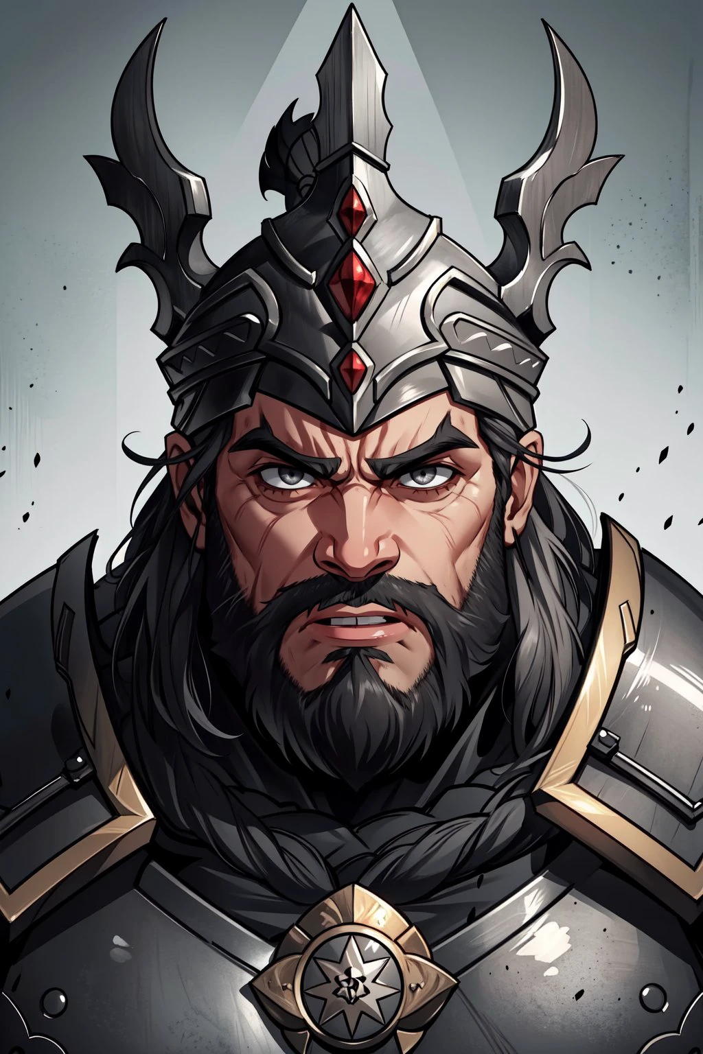 portrait, solo, upper body, looking at viewer, detailed background, detailed face, 1boy, dwarven berserker, square face, intense eyes, bearded, gray, thick eyebrows, brawny body, rugged clothing, forged armor, battle-crazed expression, unstoppable feeling of the image, <lora:ManyBladesAIv20.2>