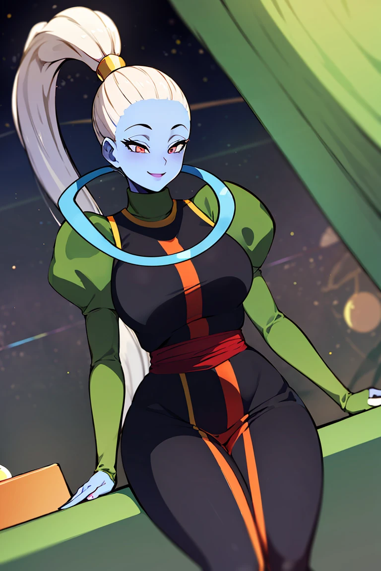 ((masterpiece,best quality)), absurdres,
<lora:Vados_DB:0.8>, Vados_DB, solo, ponytail, blue skin, smiling, curvy, split dress, thigh,
space in background, cinematic composition,
