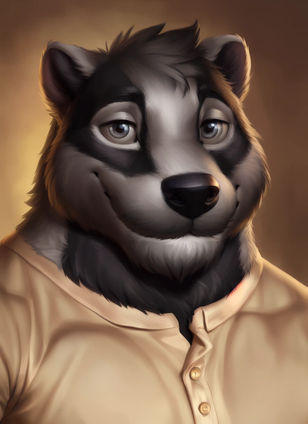<lora:nikV2-09:0.9>, nikolai krol, solo, bara, plump, fat, black fur, (pose:1.3), (posing:1.3), (soft shading), 4k, hi res, ((detailed face, (detailed eyes:1.0), detailed)), (full body), by zackarry911, by zaush, (by personalami:0.5), portrait, close-up, smile, shirt