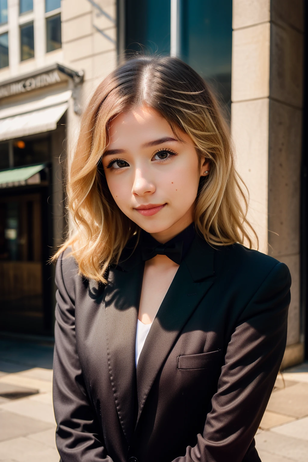 <lora:more_details:0.3>, solo, very detailed, detailed face, pokidiffusion, picture of a beautiful girl with (blond hair) wearing black tuxedo, soft smile, outside in a common place