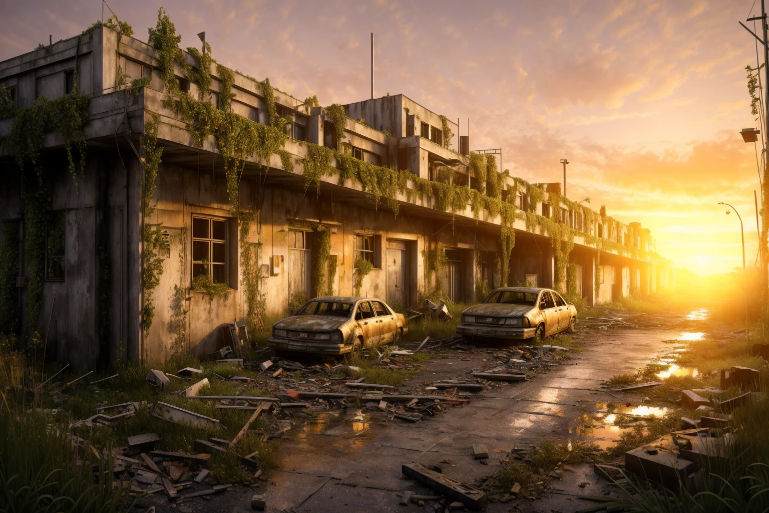 realistic, vray, HDR, 6000K, berlin city, inside factory, overgrown, post apocalypse feeling, sunset, <lora:PostApocalyptic3:0.6> SZ_4po