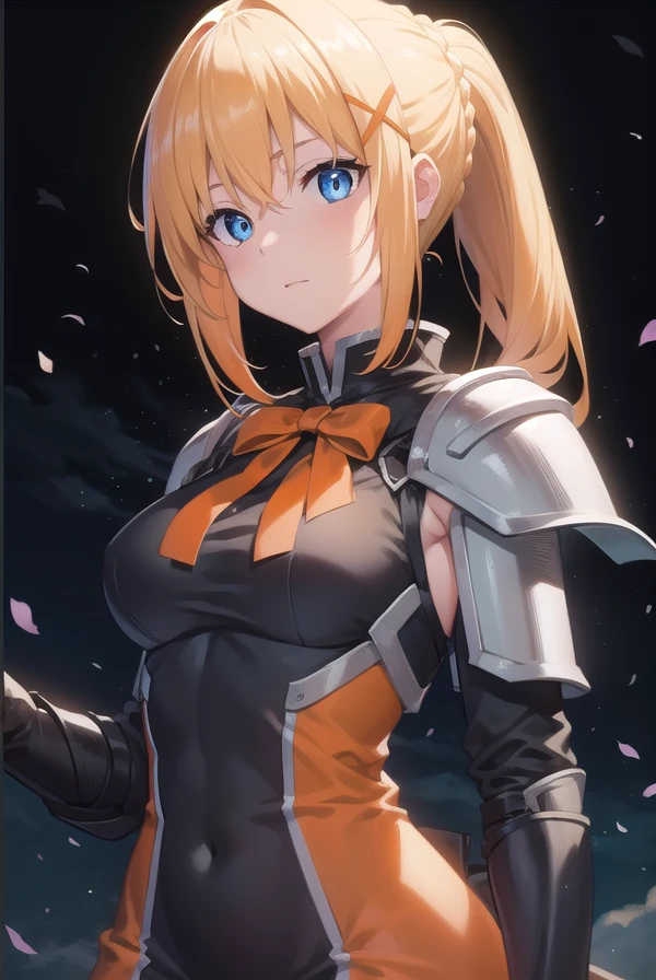 konosubadarkness, <lora:darknesstest:1>,
darkness, blue eyes, braid, french braid, hair between eyes, hair ornament, long hair, yellow hair, ponytail, sidelocks, x hair ornament,
BREAK armor, armored dress, black bodysuit, black gloves, bodysuit, bow, bowtie, covered navel, faulds, gloves, pauldrons, red bow, red bowtie, shoulder armor, sidelocks, (white armor:1.5), breastplate, (orange dress:1.5),
BREAK looking at viewer,
BREAK outdoors, forest, grass, sun, clouds,
BREAK <lora:GoodHands-vanilla:1>, (masterpiece:1.2), best quality, high resolution, unity 8k wallpaper, (illustration:0.8), (beautiful detailed eyes:1.6), extremely detailed face, perfect lighting, extremely detailed CG, (perfect hands, perfect anatomy),